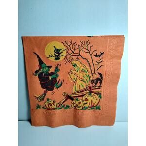 Vintage Halloween Paper Napkin Green Faced Witch Ghost Pumpkins Orange 4.5x 4.5"